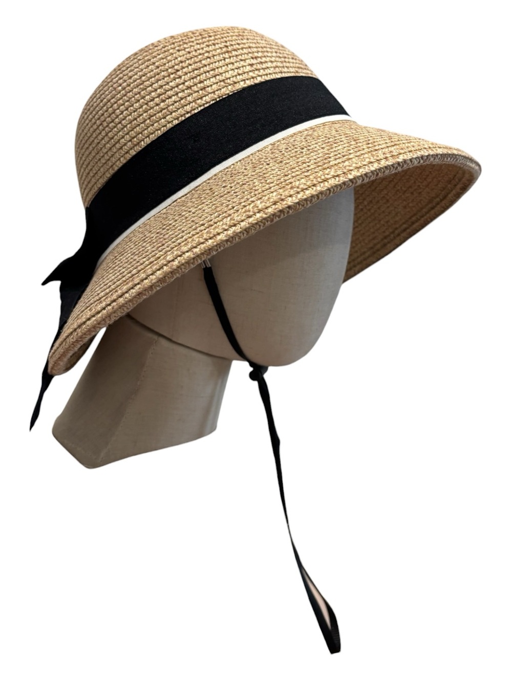 VTG COMHATS WOVEN STRAW SUN HAT BLACK & WHITE GROSGRAIN RIBBON COTTAGECORE SZ 8 - Picture 4 of 8